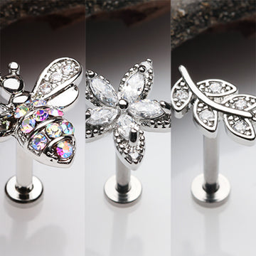 Detail View 1 of 3 Pcs Pack of Assorted Honey Bee Flower Leaf Internally Threaded Labret